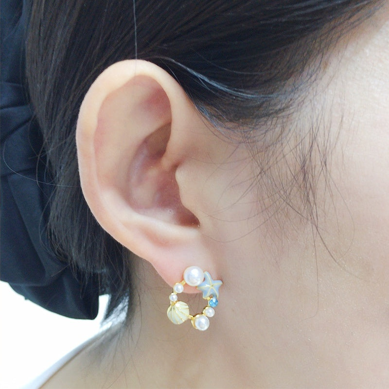 JRD Natural Freshwater Pearl Earrings Cute Starfish Shell 18K Gold-plated S925 Sterling Silver Ear Needle Stud