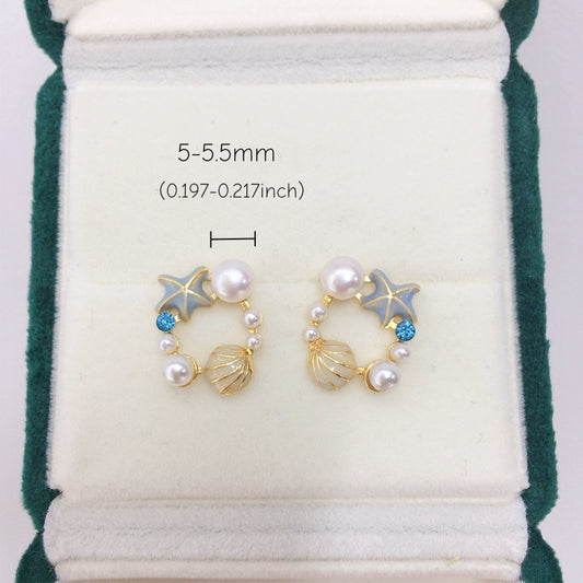 JRD Natural Freshwater Pearl Earrings Cute Starfish Shell 18K Gold-plated S925 Sterling Silver Ear Needle Stud