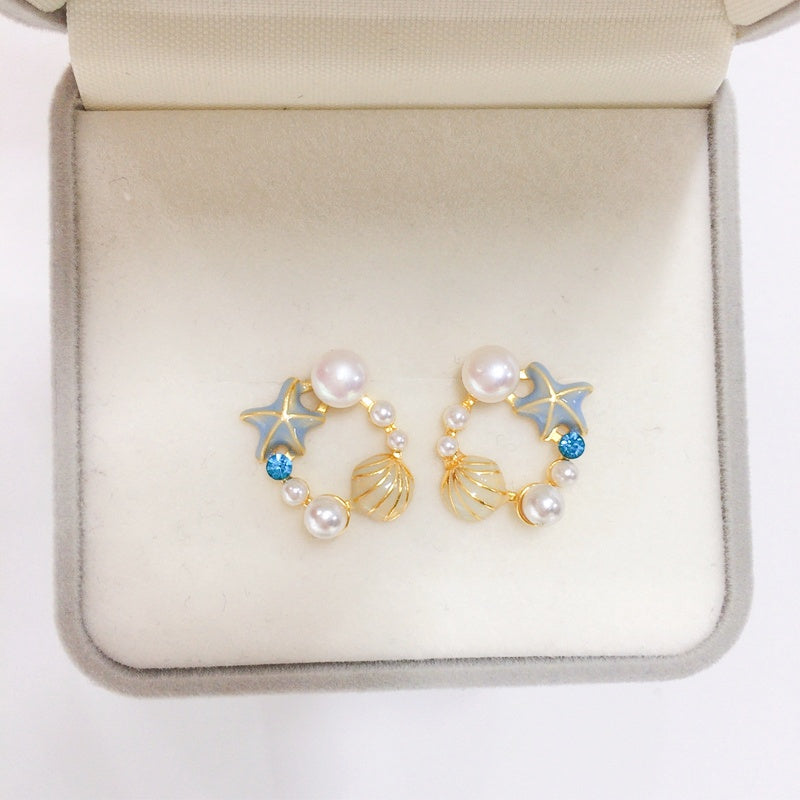 JRD Natural Freshwater Pearl Earrings Cute Starfish Shell 18K Gold-plated S925 Sterling Silver Ear Needle Stud