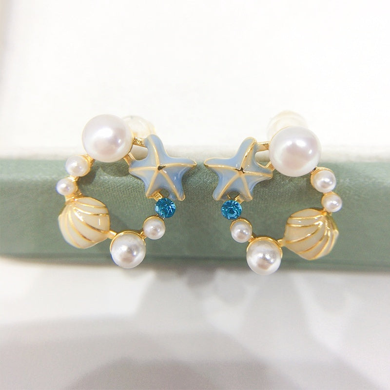 JRD Natural Freshwater Pearl Earrings Cute Starfish Shell 18K Gold-plated S925 Sterling Silver Ear Needle Stud
