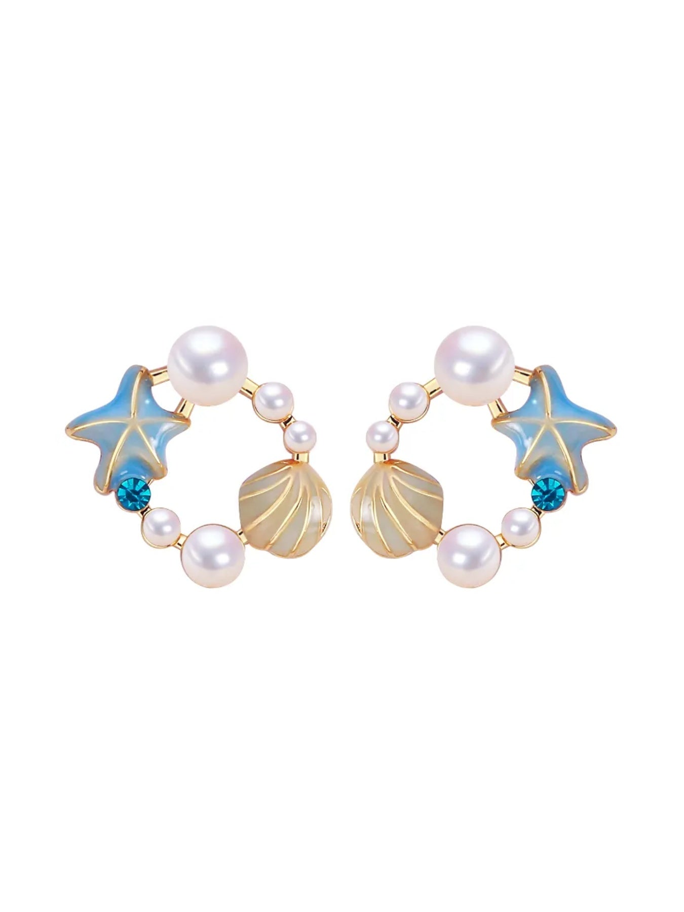 JRD Natural Freshwater Pearl Earrings Cute Starfish Shell 18K Gold-plated S925 Sterling Silver Ear Needle Stud