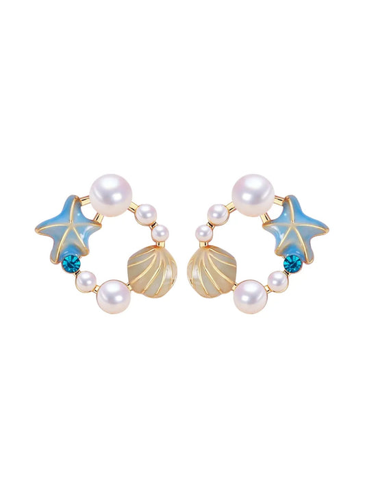 JRD Natural Freshwater Pearl Earrings Cute Starfish Shell 18K Gold-plated S925 Sterling Silver Ear Needle Stud